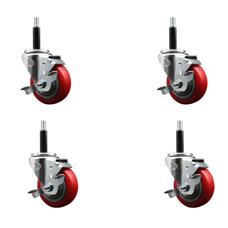Service Caster 3.5'' Red Poly Swivel 3/4'' Expanding Stem Caster Set with Brake, 4PK SCC-EX20S3514-PPUB-RED-TLB-34-4